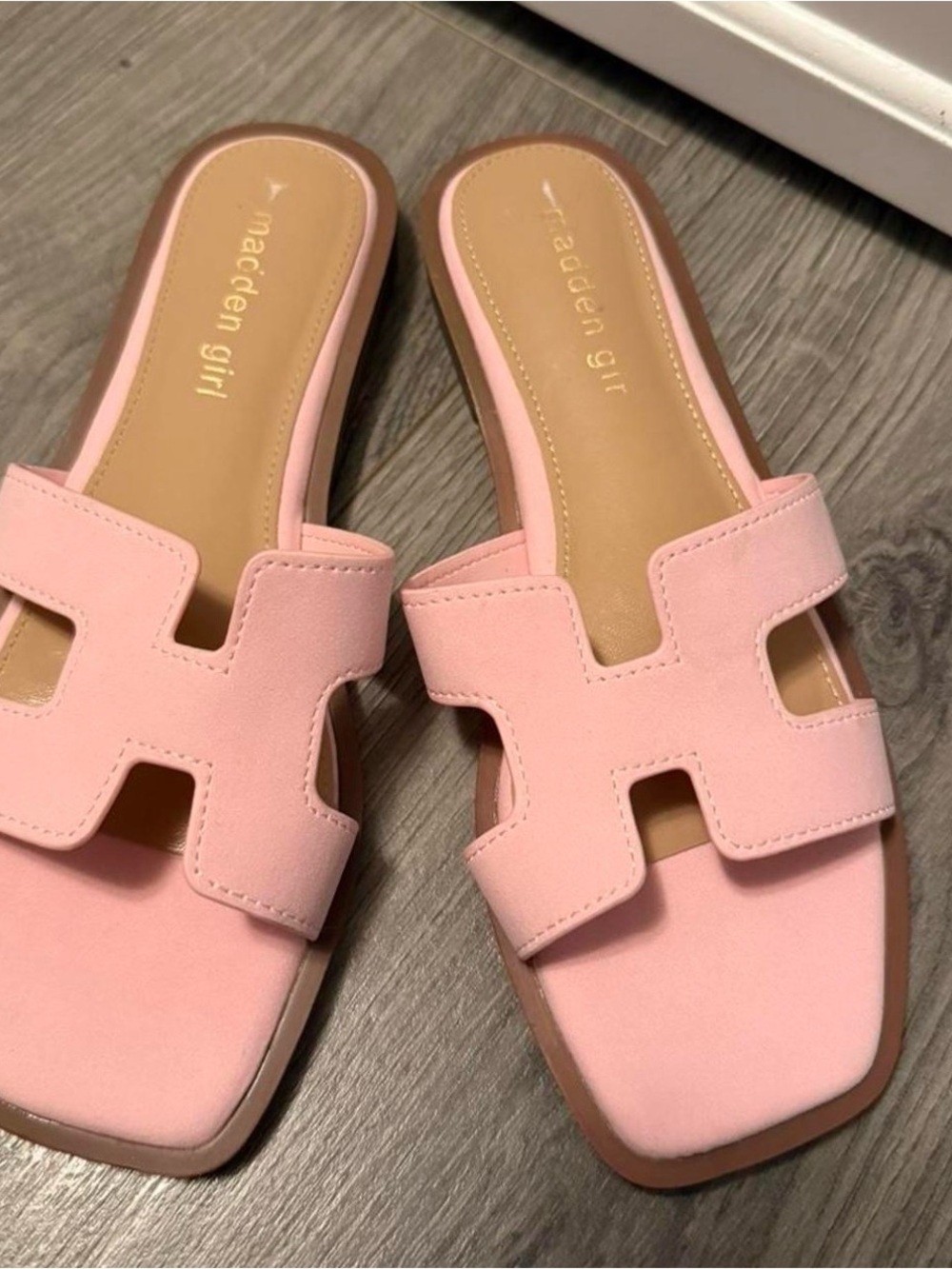Madden Girl Light Pink Open-H Strap Slide Sandals